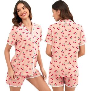 SWOMOG Womens Button Down Pajamas Set Short Sleeve Sleepwear Bride Soft Pj Lounge Sets XS-3XL(Pink Cherry With Wavy Trim)