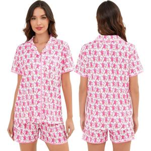 SWOMOG Womens Button Down Pajamas Set Short Sleeve Sleepwear Bride Soft Pj Lounge Sets XS-3XL(Pink Monkey With Wavy Trim)