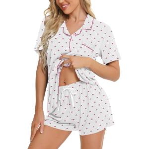 SWOMOG Womens Button Down Pajamas Set Short Sleeve Sleepwear Bride Soft Pj Lounge Sets XS-3XL(Pink Polka Dot Hearts)