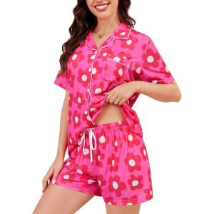 SWOMOG Womens Button Down Pajamas Set Short Sleeve Sleepwear Bride Soft Pj Lounge Sets XS-3XL(Rose Floral)