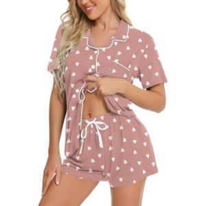 SWOMOG Womens Button Down Pajamas Set Short Sleeve Sleepwear Bride Soft Pj Lounge Sets XS-3XL(Taro Purple Heart)