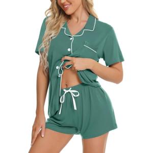 SWOMOG Womens Button Down Pajamas Set Short Sleeve Sleepwear Bride Soft Pj Lounge Sets XS-3XL(Teal Green)