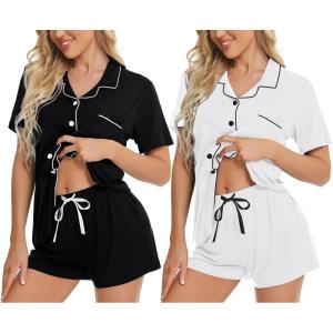 SWOMOG Womens Button Down Pajamas Set Short Sleeve Sleepwear Bride Soft Pj Lounge Sets XS-3XL(White + Black（2 Pack）)
