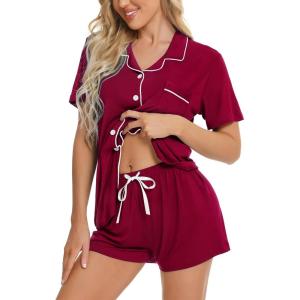 SWOMOG Womens Button Down Pajamas Set Short Sleeve Sleepwear Bride Soft Pj Lounge Sets XS-3XL(Wine Red)