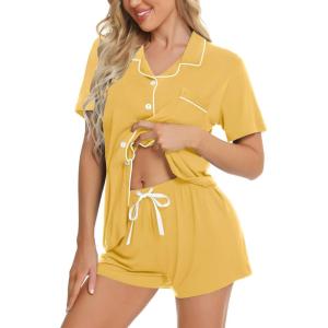 SWOMOG Womens Button Down Pajamas Set Short Sleeve Sleepwear Bride Soft Pj Lounge Sets XS-3XL(Yellow)