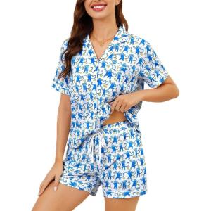 SWOMOG Womens Button Down Pajamas Set Short Sleeve Sleepwear Bride Soft Pj Lounge Sets XS-3XL(Z-blue Monkey)