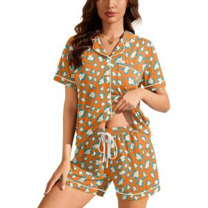 SWOMOG Womens Button Down Pajamas Set Short Sleeve Sleepwear Bride Soft Pj Lounge Sets XS-3XL(Z-orange Leopard)