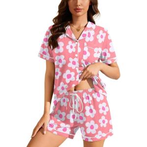SWOMOG Womens Button Down Pajamas Set Short Sleeve Sleepwear Bride Soft Pj Lounge Sets XS-3XL(Z-peach Flower)