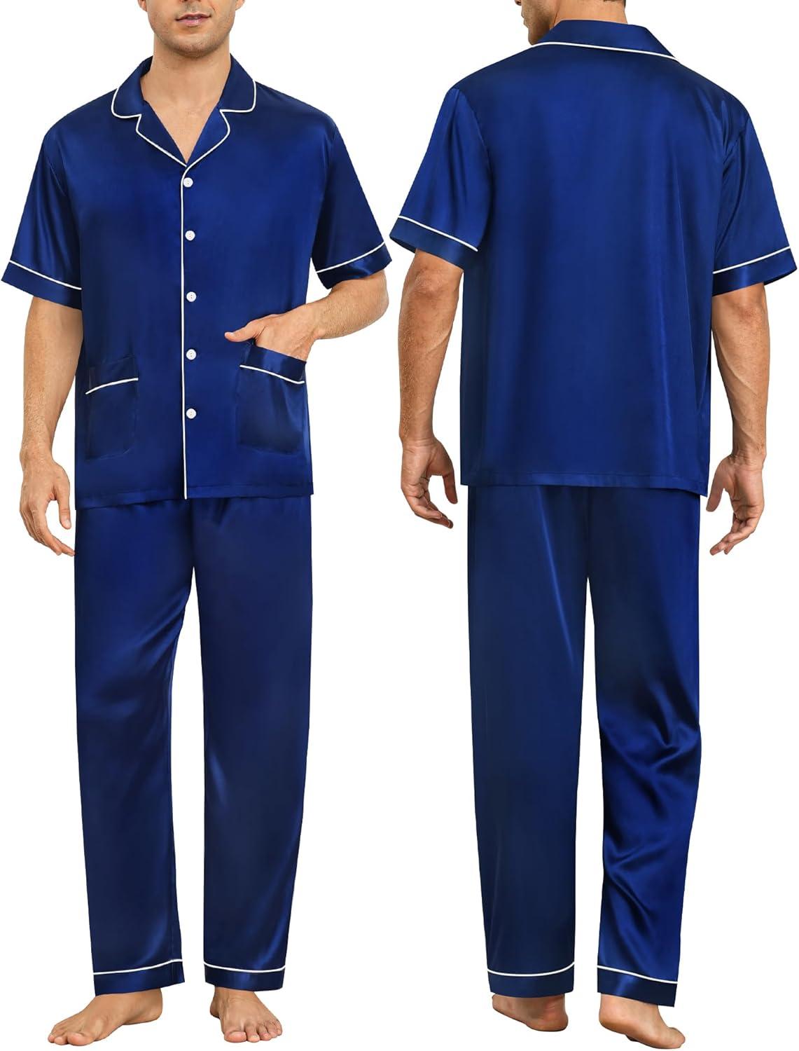 imageSWOMOG Couples Pajamas Sets Women amp Men Satin Short Sleeve Sleepwear Button Down Loungewear Pjs Set with Long PantsZ Navy Blue 2 Pockets