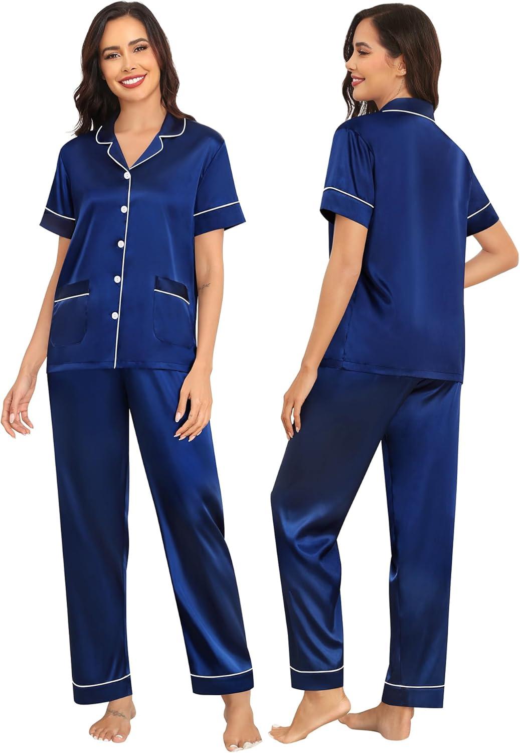 imageSWOMOG Couples Pajamas Sets Women amp Men Satin Short Sleeve Sleepwear Button Down Loungewear Pjs Set with Long PantsZ Navy Blue 2 Pockets