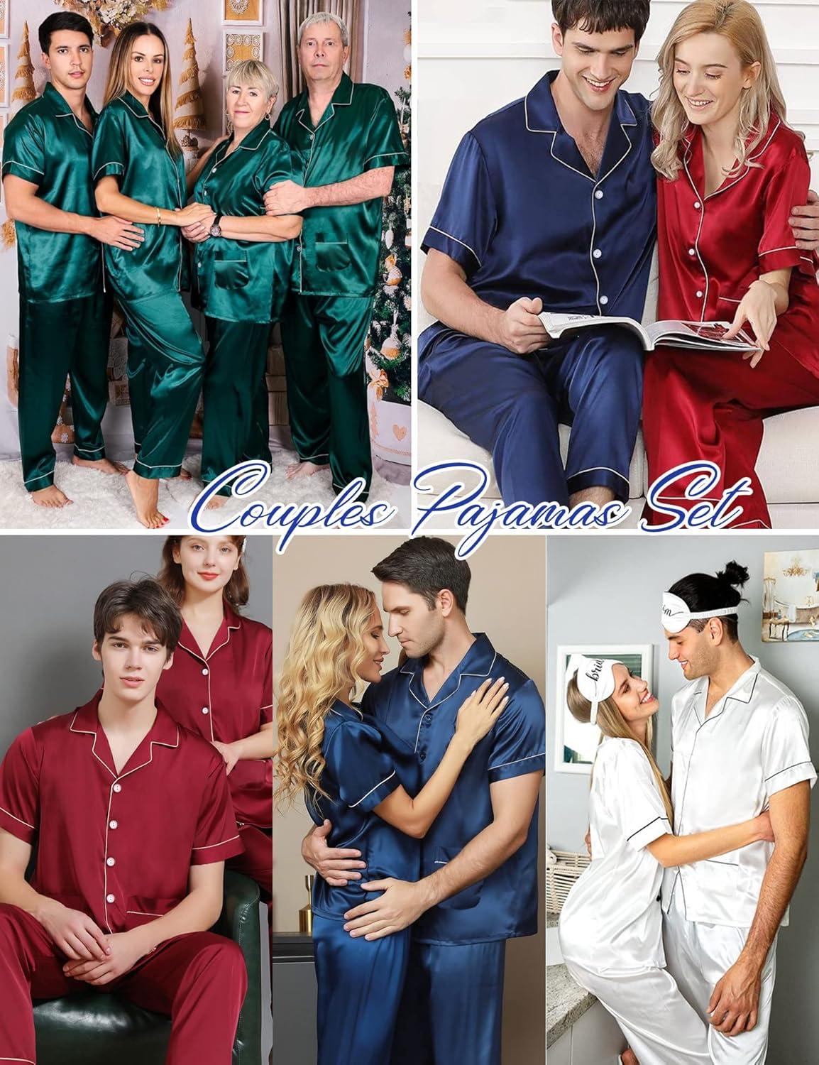 imageSWOMOG Couples Pajamas Sets Women amp Men Satin Short Sleeve Sleepwear Button Down Loungewear Pjs Set with Long PantsZ Navy Blue 2 Pockets