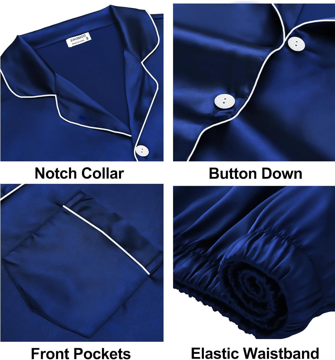 imageSWOMOG Couples Pajamas Sets Women amp Men Satin Short Sleeve Sleepwear Button Down Loungewear Pjs Set with Long PantsZ Navy Blue 2 Pockets