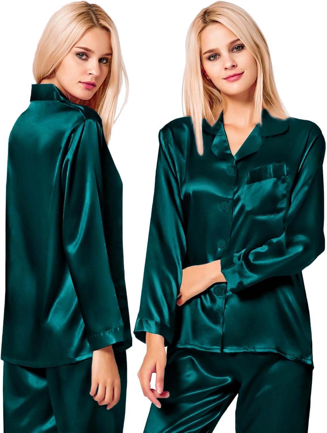 imageSWOMOG Couples Pajamas Womens ampMens Matching Pajamas Set Silk Satin Pj Set Long Sleeve Button Down Sleepwear 2 Pcs LoungewearDeep Green