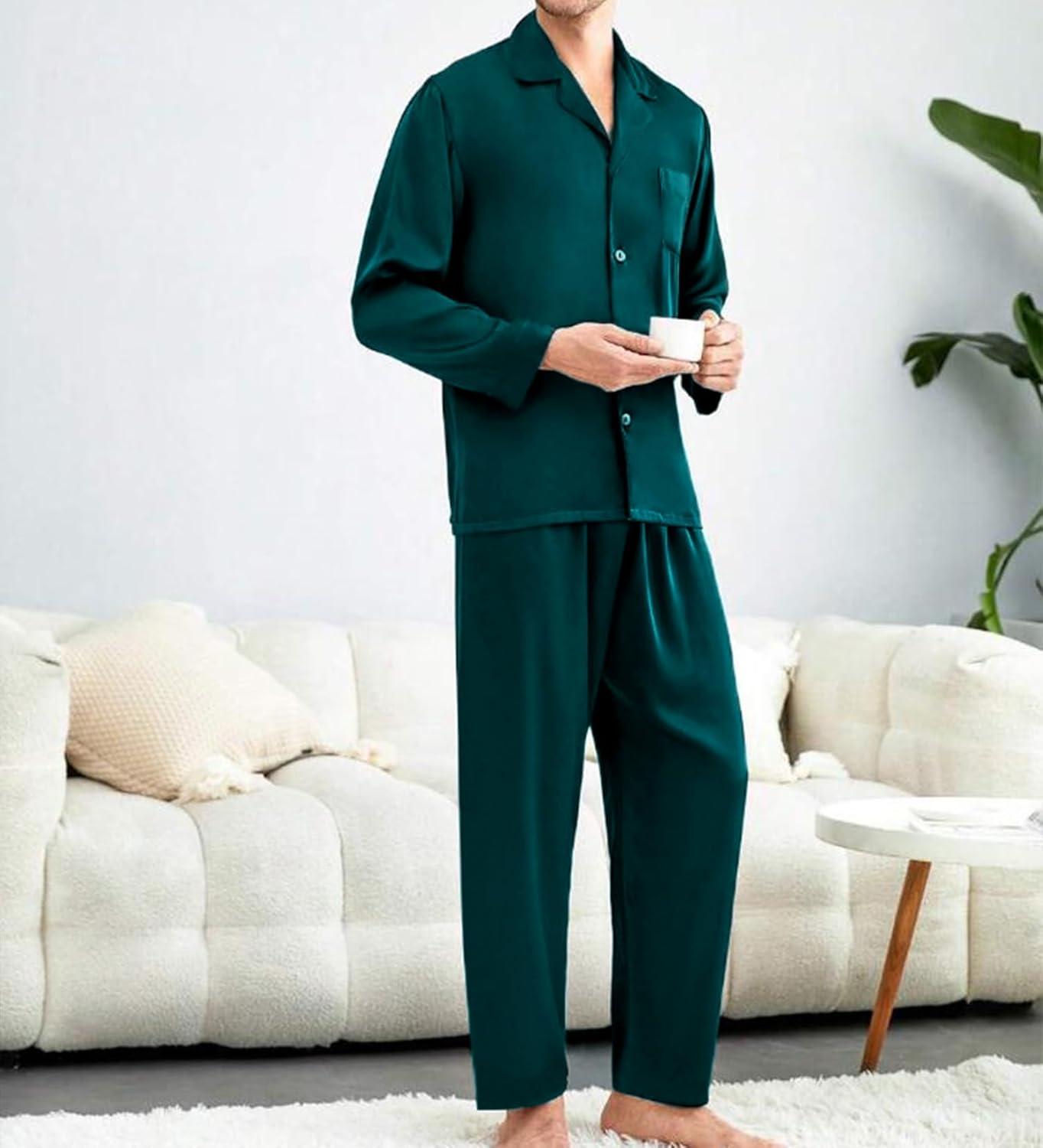imageSWOMOG Couples Pajamas Womens ampMens Matching Pajamas Set Silk Satin Pj Set Long Sleeve Button Down Sleepwear 2 Pcs LoungewearDeep Green