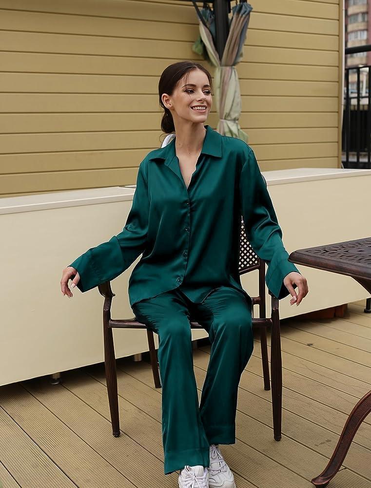 imageSWOMOG Couples Pajamas Womens ampMens Matching Pajamas Set Silk Satin Pj Set Long Sleeve Button Down Sleepwear 2 Pcs LoungewearDeep Green