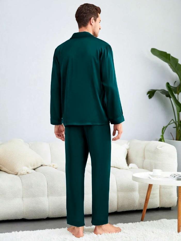 imageSWOMOG Couples Pajamas Womens ampMens Matching Pajamas Set Silk Satin Pj Set Long Sleeve Button Down Sleepwear 2 Pcs LoungewearDeep Green