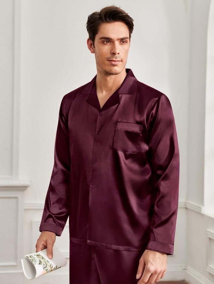 imageSWOMOG Couples Pajamas Womens ampMens Matching Pajamas Set Silk Satin Pj Set Long Sleeve Button Down Sleepwear 2 Pcs LoungewearDeep Wine Red