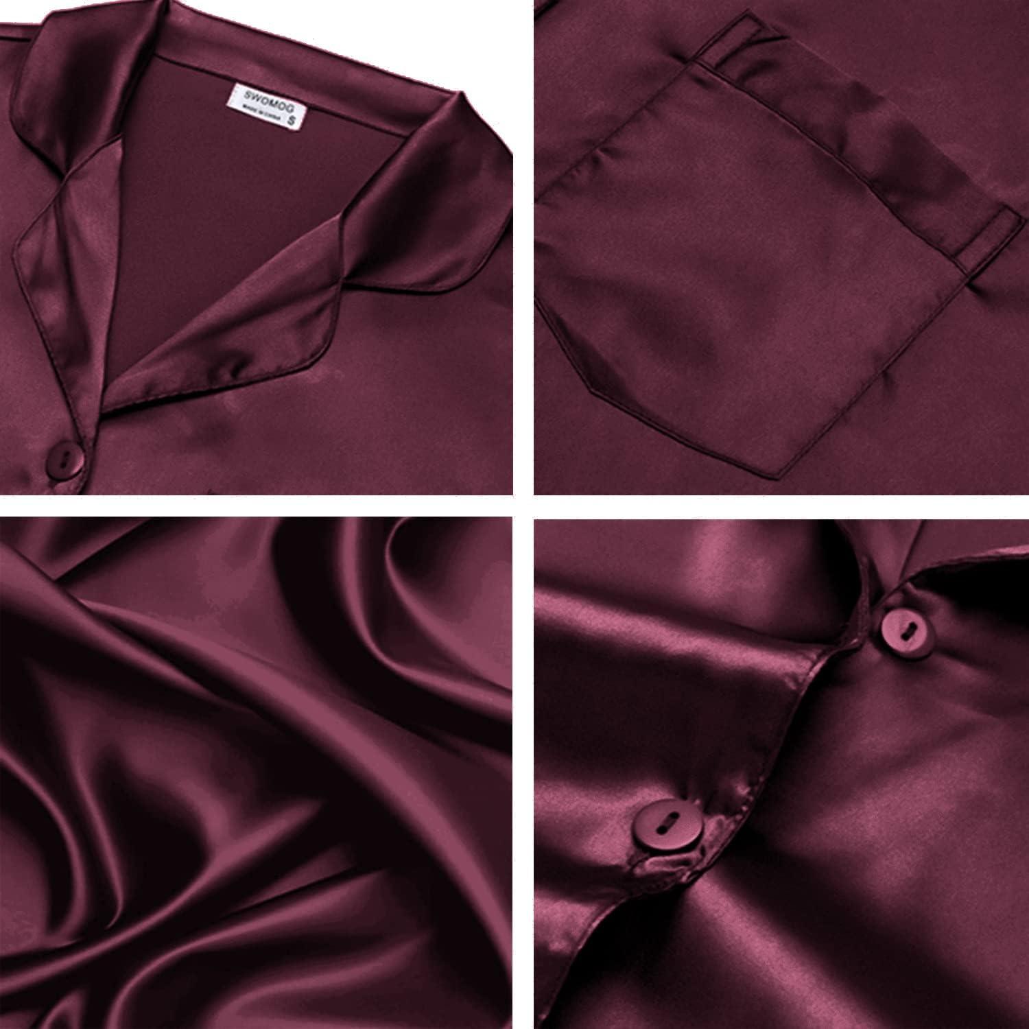 imageSWOMOG Couples Pajamas Womens ampMens Matching Pajamas Set Silk Satin Pj Set Long Sleeve Button Down Sleepwear 2 Pcs LoungewearDeep Wine Red