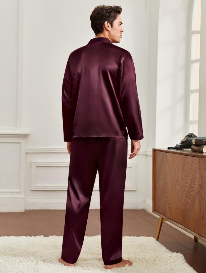 imageSWOMOG Couples Pajamas Womens ampMens Matching Pajamas Set Silk Satin Pj Set Long Sleeve Button Down Sleepwear 2 Pcs LoungewearDeep Wine Red