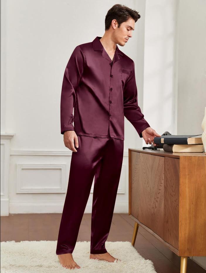 imageSWOMOG Couples Pajamas Womens ampMens Matching Pajamas Set Silk Satin Pj Set Long Sleeve Button Down Sleepwear 2 Pcs LoungewearDeep Wine Red