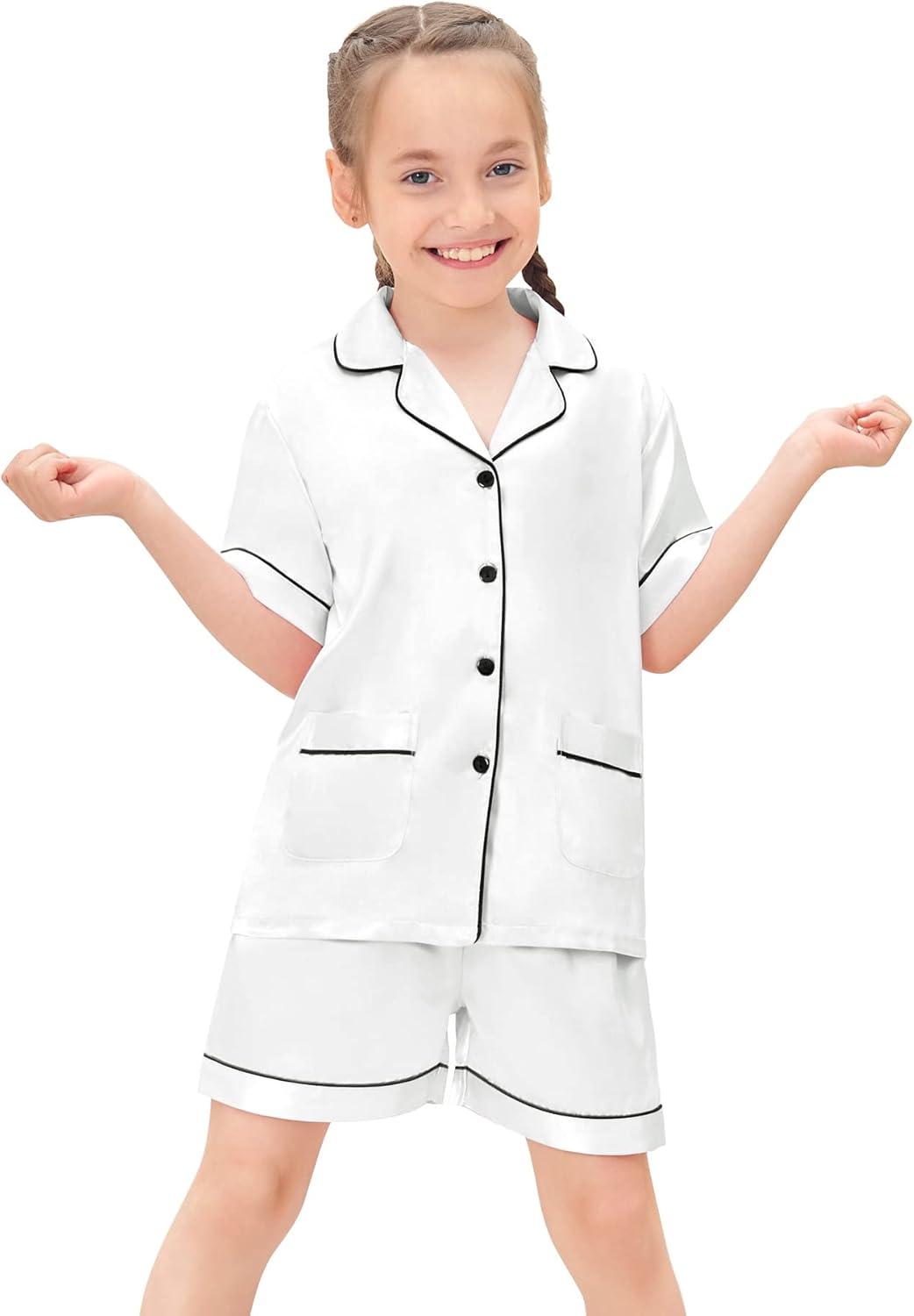 imageSWOMOG Girls Satin Pajamas Set Silk Button Down Pjs Set 2 Pieces Short Sleeve Kids Strawberry Sleepwear 415Y2pcsshort Sleeve White