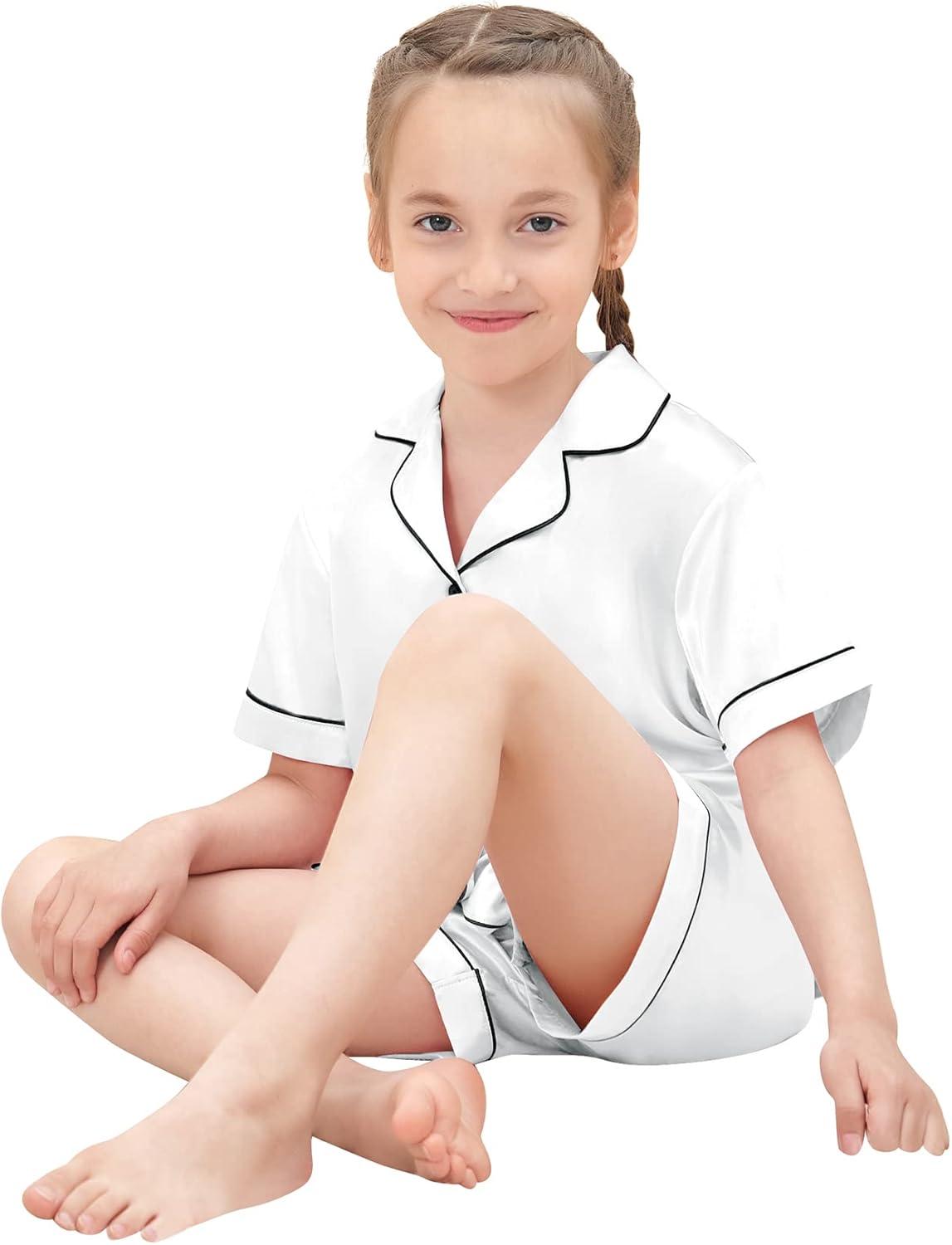 imageSWOMOG Girls Satin Pajamas Set Silk Button Down Pjs Set 2 Pieces Short Sleeve Kids Strawberry Sleepwear 415Y2pcsshort Sleeve White