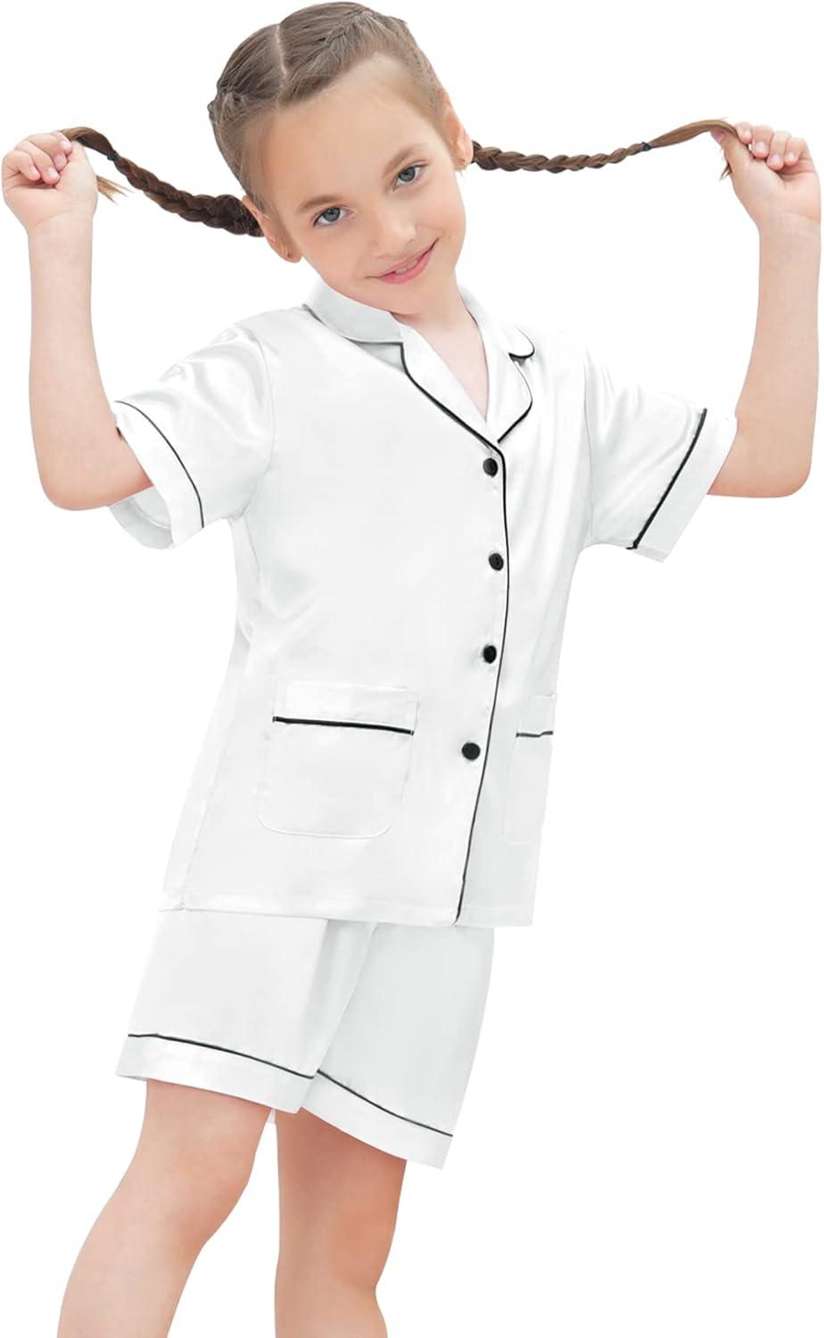 imageSWOMOG Girls Satin Pajamas Set Silk Button Down Pjs Set 2 Pieces Short Sleeve Kids Strawberry Sleepwear 415Y2pcsshort Sleeve White