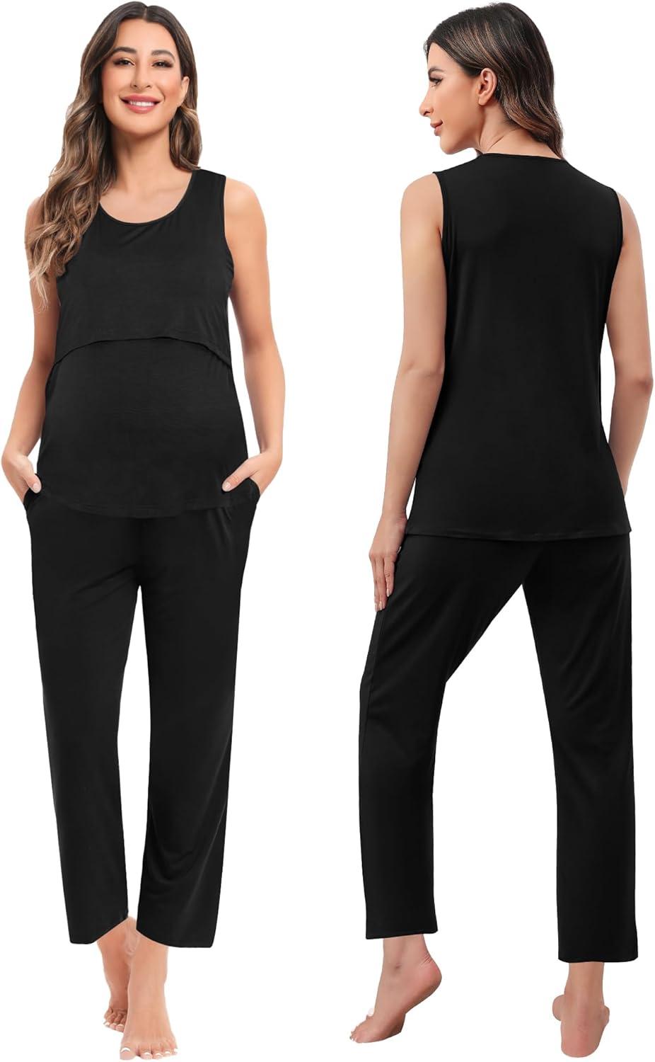 imageSWOMOG Maternity Nursing Robe Set 3 PCS Women Postpartum Pajamas Breastfeeding Labor Delivery Hospital Pregnancy PjsBlack