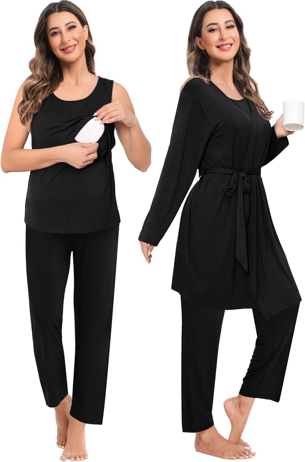 imageSWOMOG Maternity Nursing Robe Set 3 PCS Women Postpartum Pajamas Breastfeeding Labor Delivery Hospital Pregnancy PjsBlack