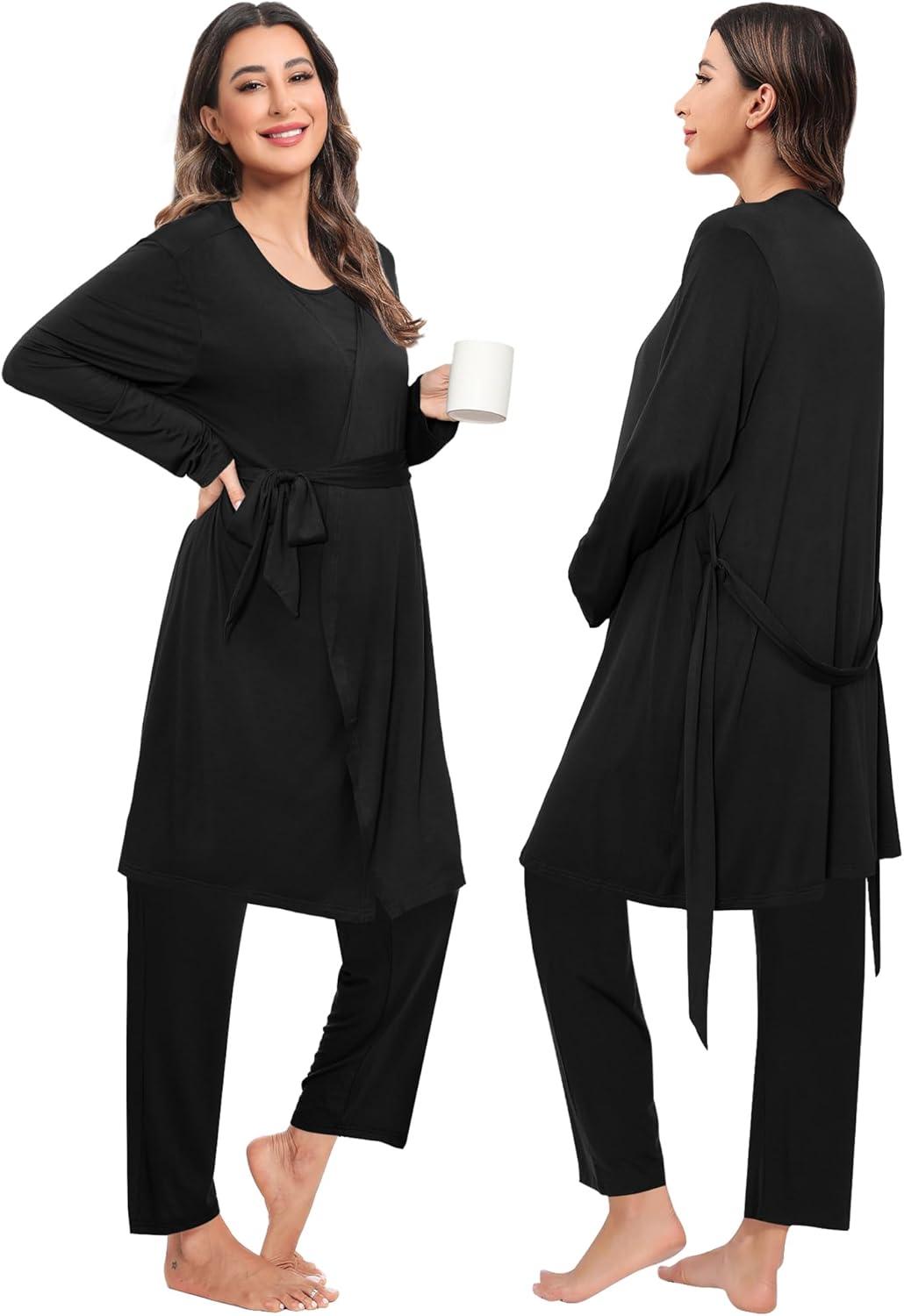 imageSWOMOG Maternity Nursing Robe Set 3 PCS Women Postpartum Pajamas Breastfeeding Labor Delivery Hospital Pregnancy PjsBlack