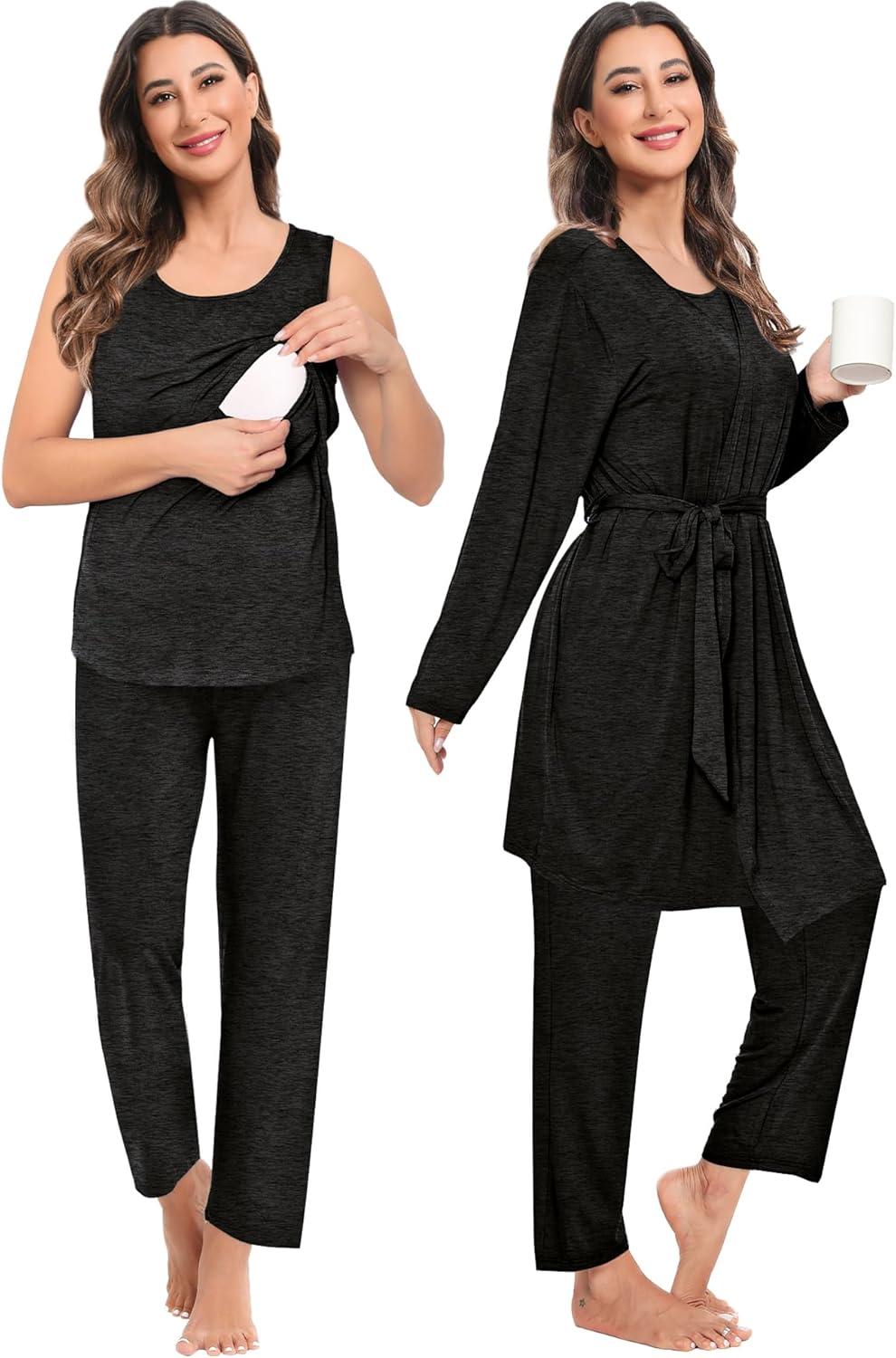 imageSWOMOG Maternity Nursing Robe Set 3 PCS Women Postpartum Pajamas Breastfeeding Labor Delivery Hospital Pregnancy PjsBlack Grey