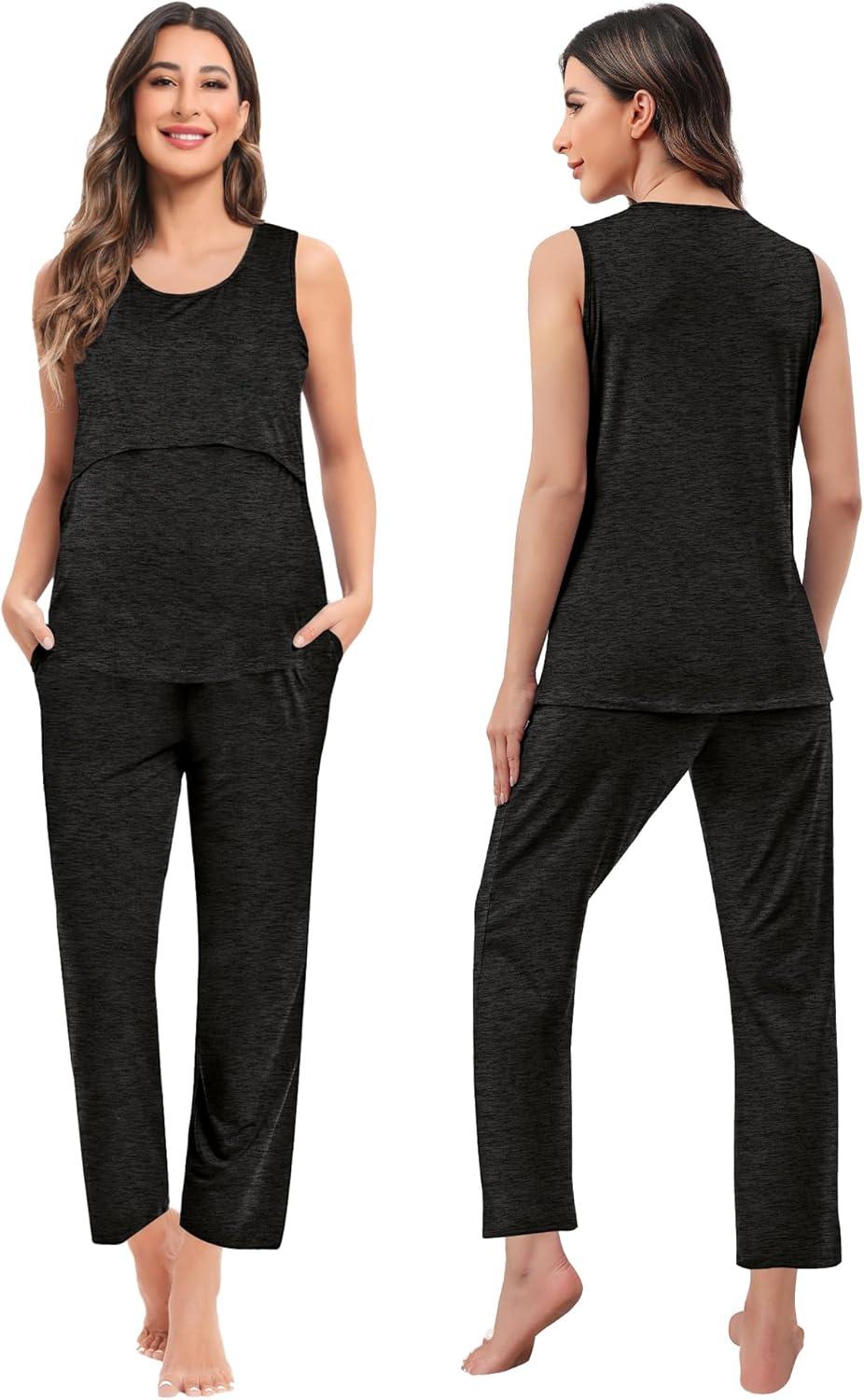 imageSWOMOG Maternity Nursing Robe Set 3 PCS Women Postpartum Pajamas Breastfeeding Labor Delivery Hospital Pregnancy PjsBlack Grey