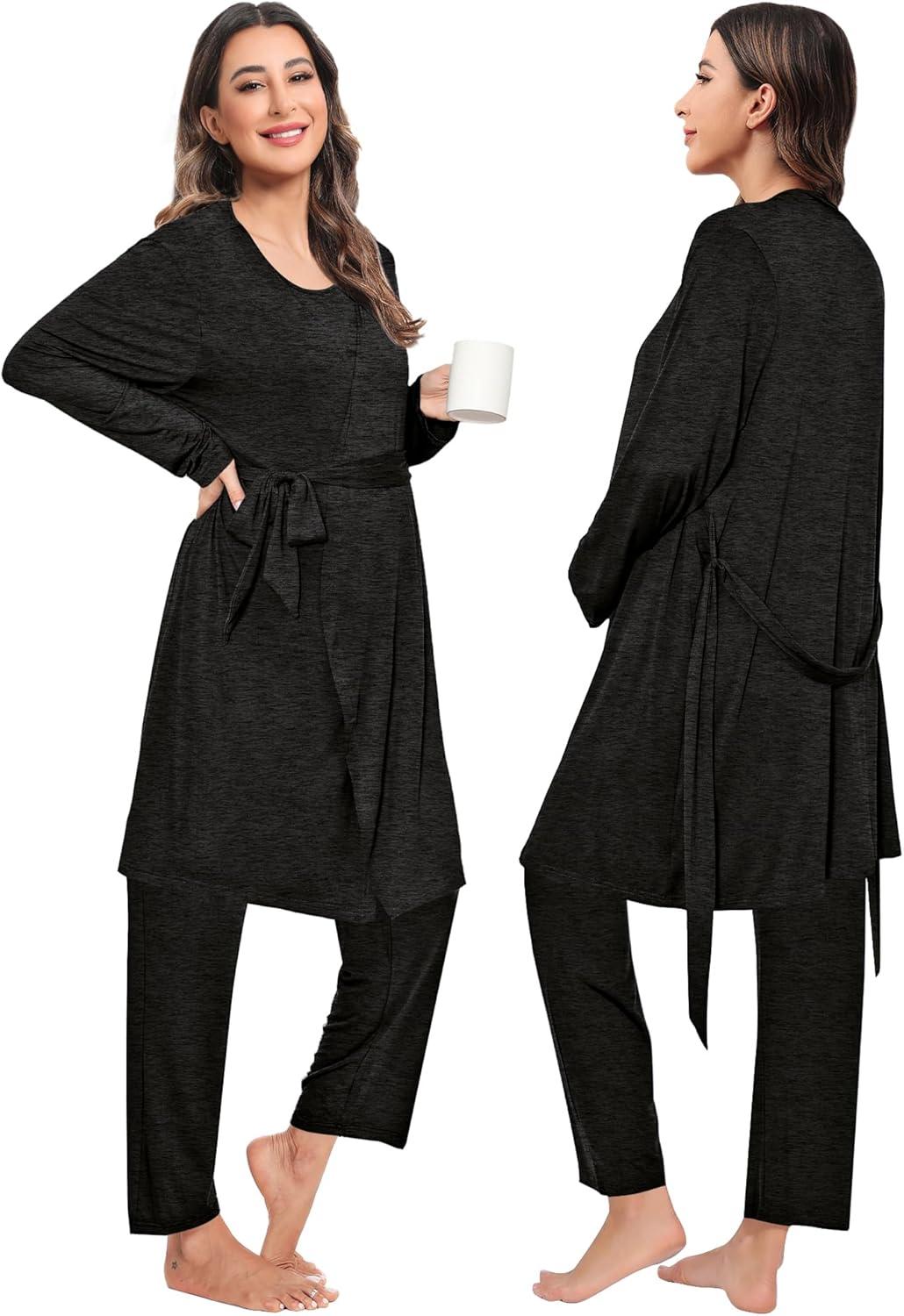imageSWOMOG Maternity Nursing Robe Set 3 PCS Women Postpartum Pajamas Breastfeeding Labor Delivery Hospital Pregnancy PjsBlack Grey