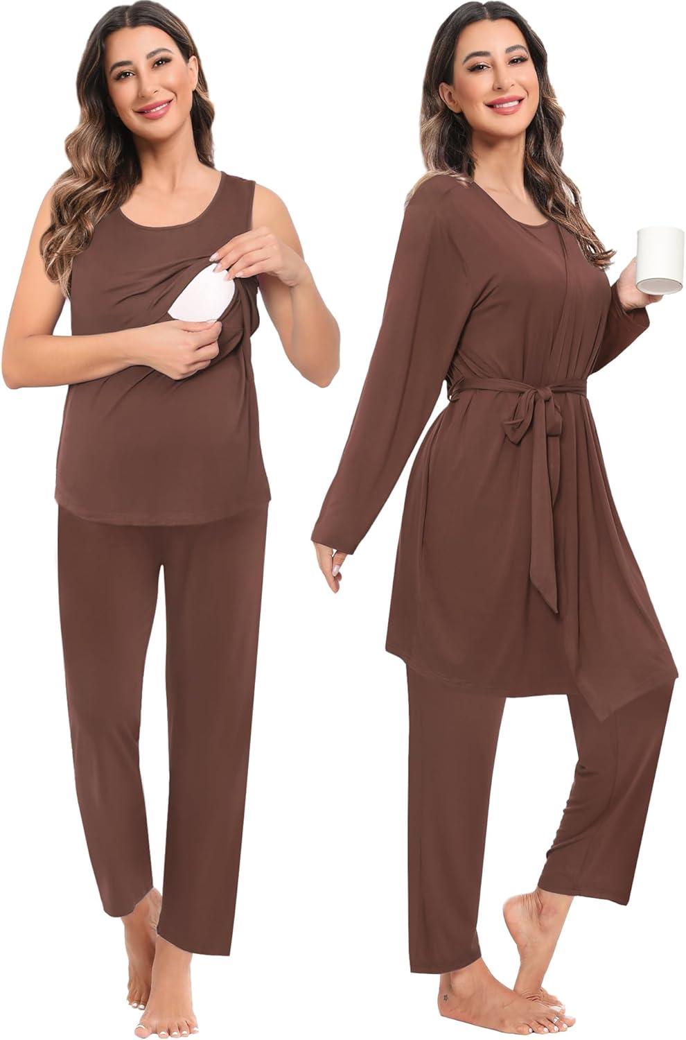 imageSWOMOG Maternity Nursing Robe Set 3 PCS Women Postpartum Pajamas Breastfeeding Labor Delivery Hospital Pregnancy PjsCoffee