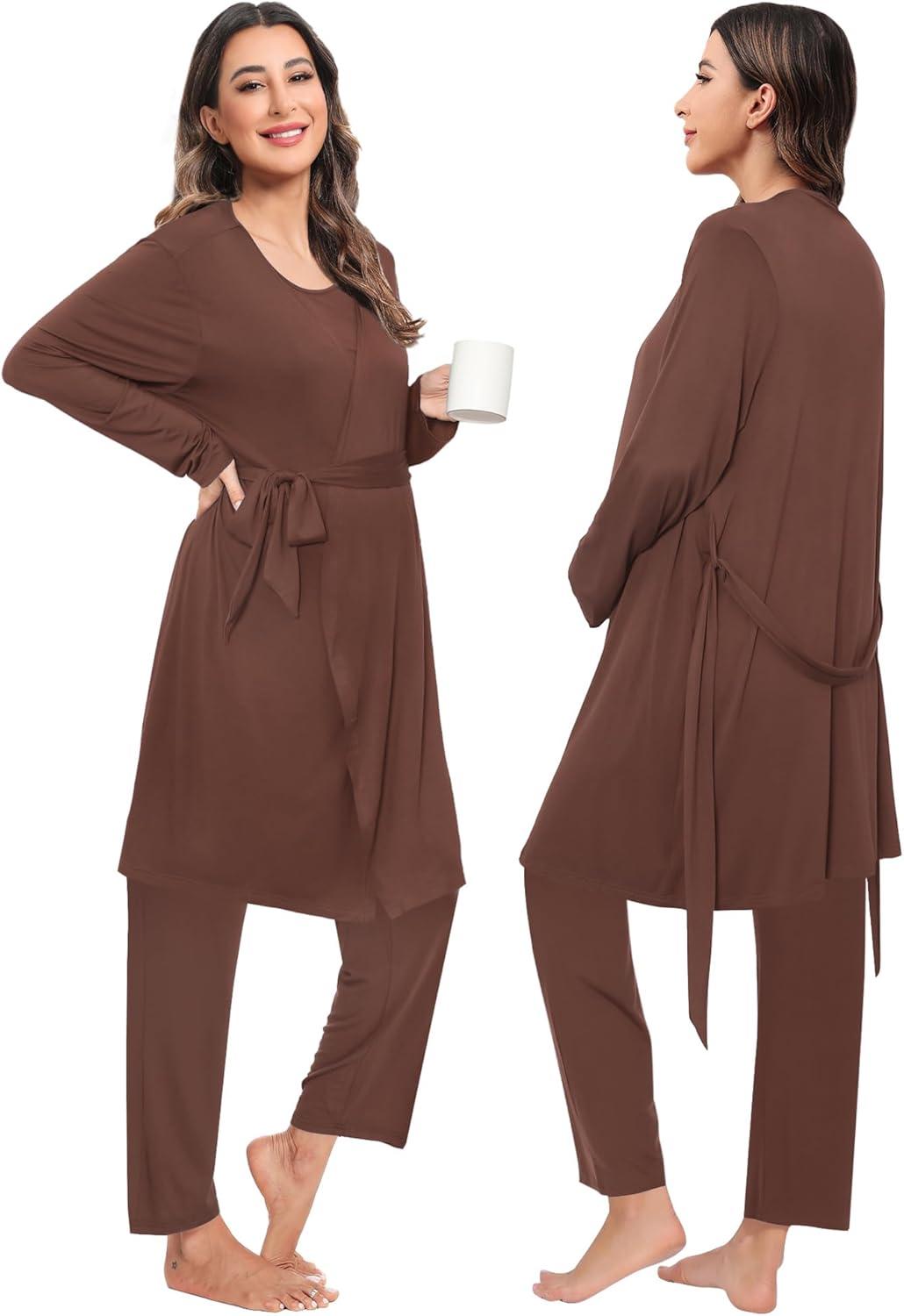 imageSWOMOG Maternity Nursing Robe Set 3 PCS Women Postpartum Pajamas Breastfeeding Labor Delivery Hospital Pregnancy PjsCoffee