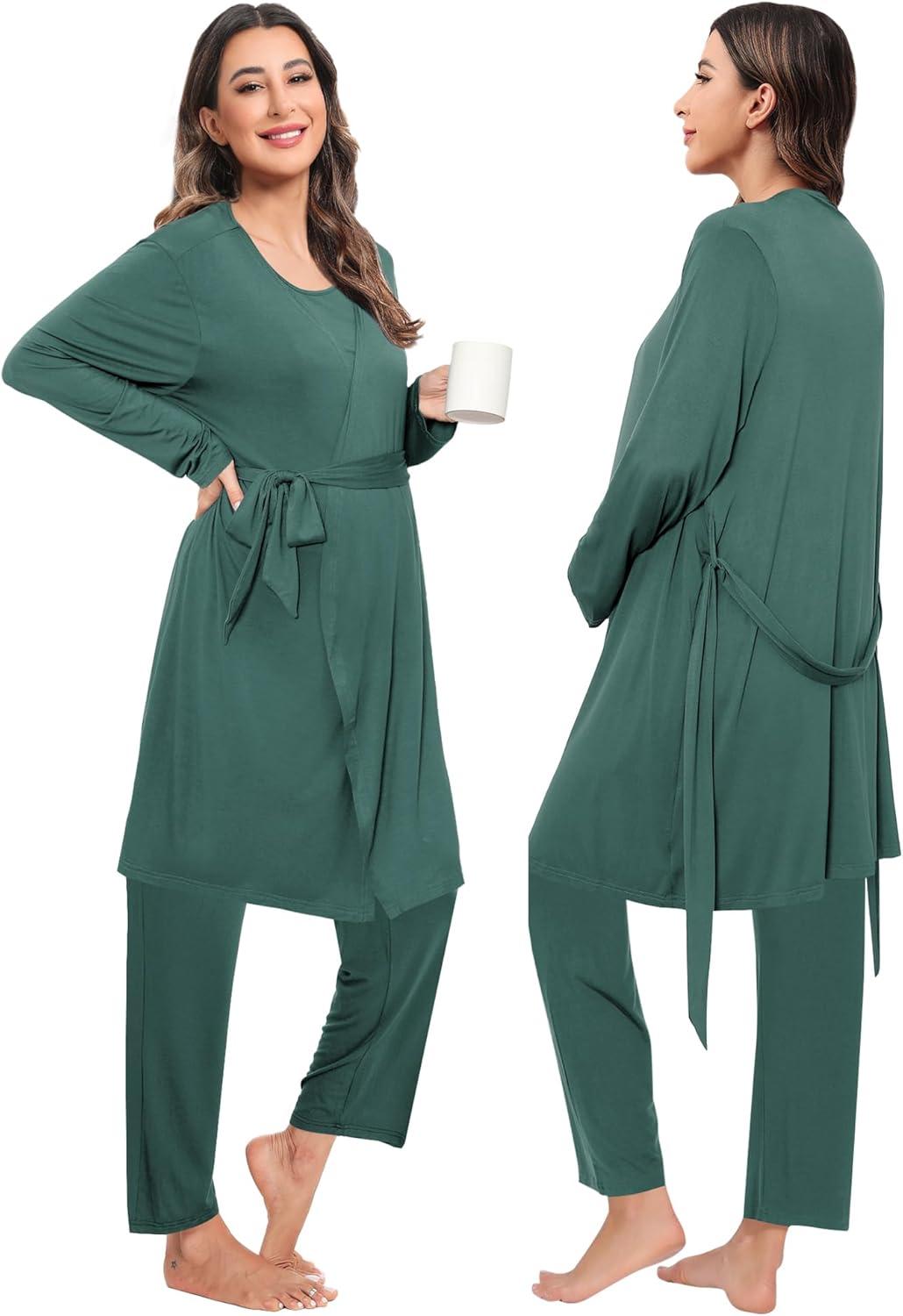 imageSWOMOG Maternity Nursing Robe Set 3 PCS Women Postpartum Pajamas Breastfeeding Labor Delivery Hospital Pregnancy PjsDeep Green