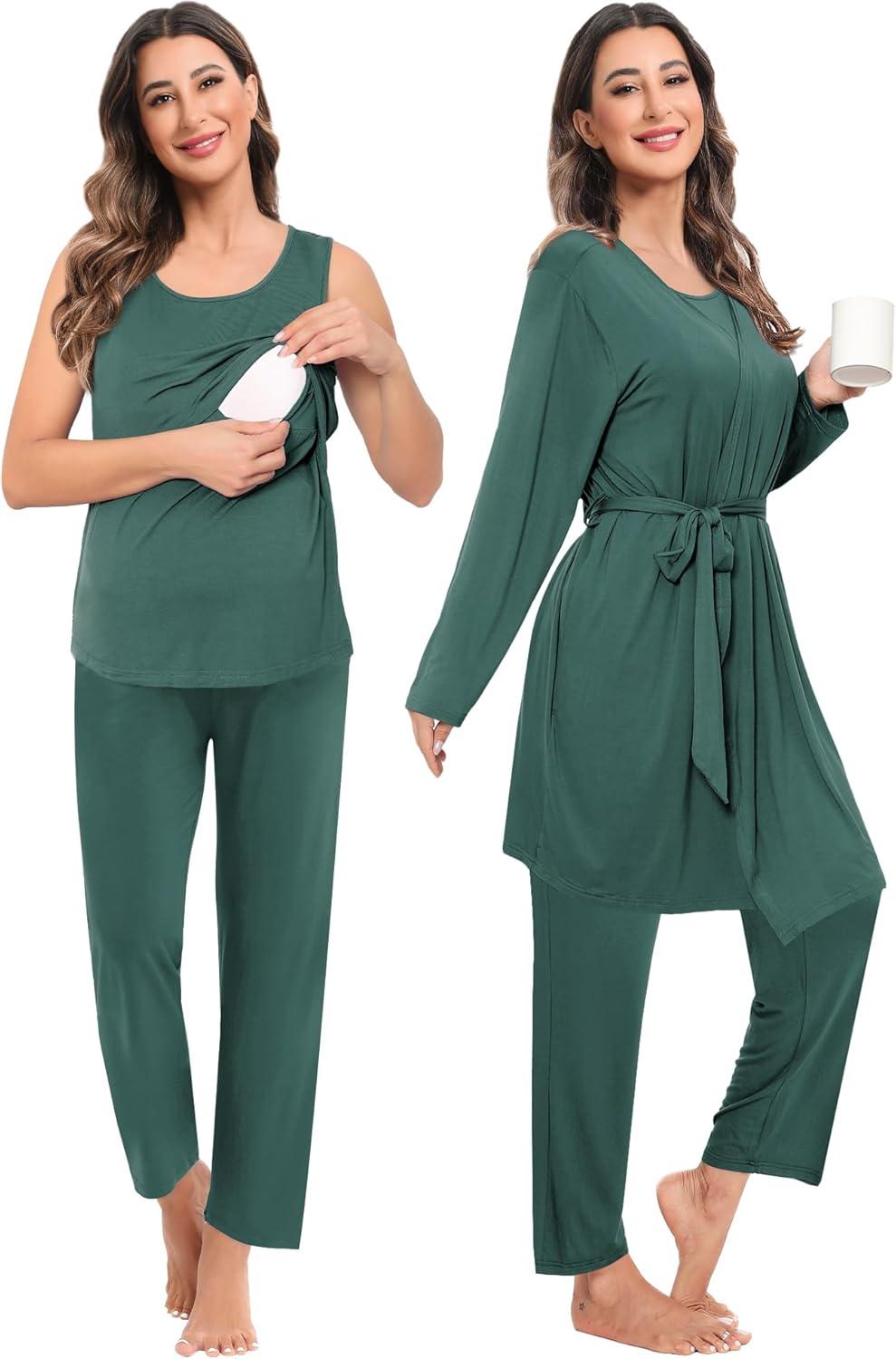 imageSWOMOG Maternity Nursing Robe Set 3 PCS Women Postpartum Pajamas Breastfeeding Labor Delivery Hospital Pregnancy PjsDeep Green