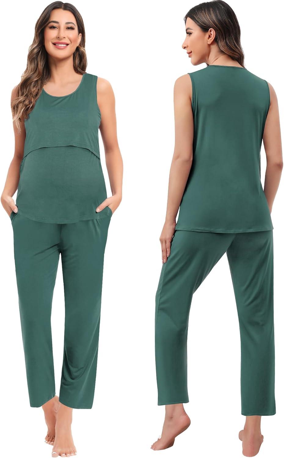 imageSWOMOG Maternity Nursing Robe Set 3 PCS Women Postpartum Pajamas Breastfeeding Labor Delivery Hospital Pregnancy PjsDeep Green