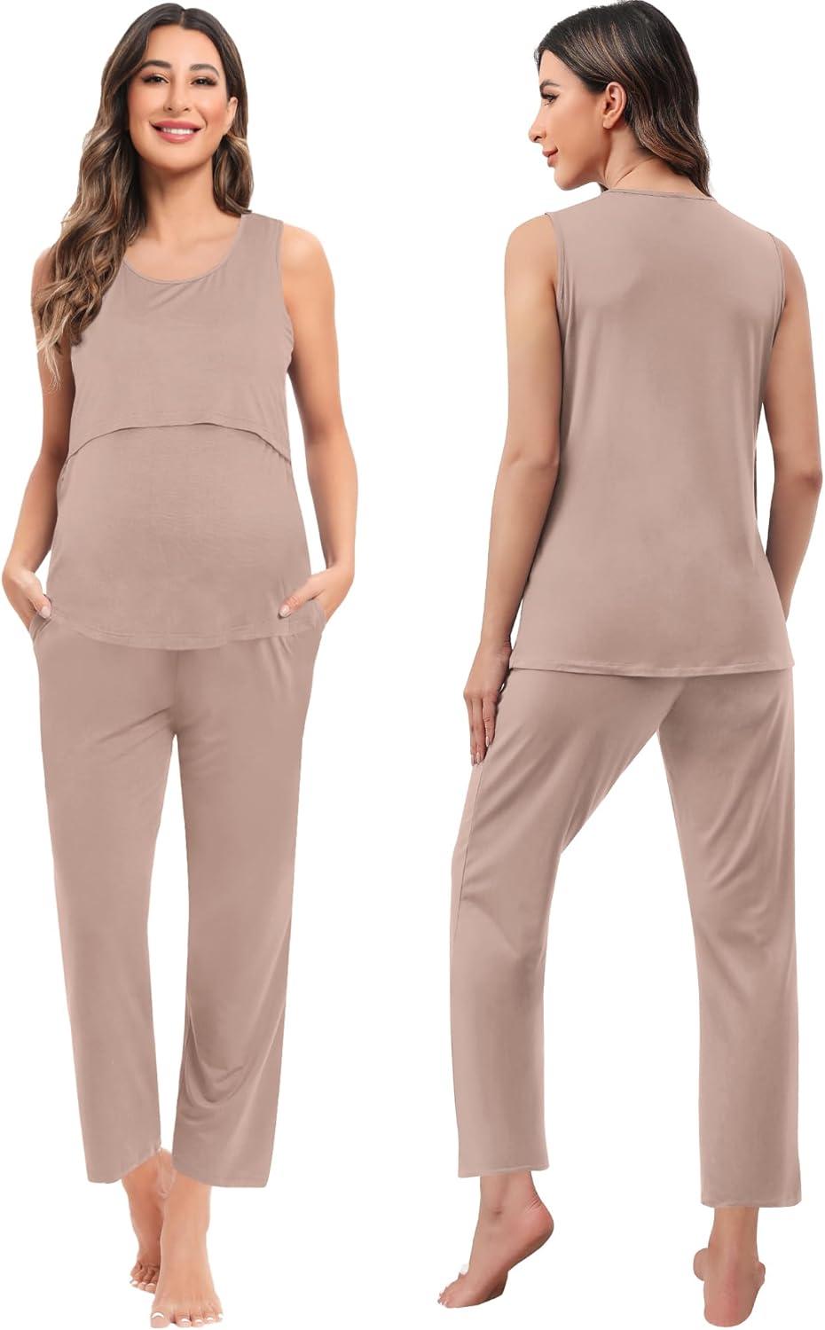 imageSWOMOG Maternity Nursing Robe Set 3 PCS Women Postpartum Pajamas Breastfeeding Labor Delivery Hospital Pregnancy PjsLight Brown