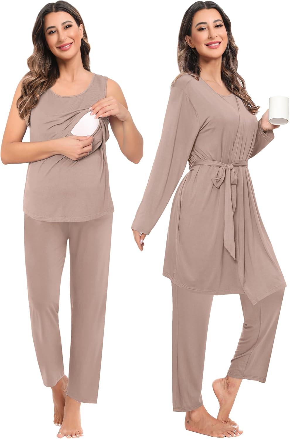 imageSWOMOG Maternity Nursing Robe Set 3 PCS Women Postpartum Pajamas Breastfeeding Labor Delivery Hospital Pregnancy PjsLight Brown