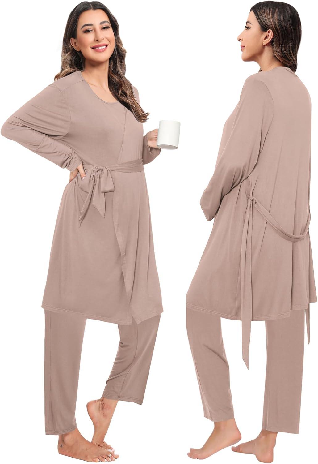 imageSWOMOG Maternity Nursing Robe Set 3 PCS Women Postpartum Pajamas Breastfeeding Labor Delivery Hospital Pregnancy PjsLight Brown