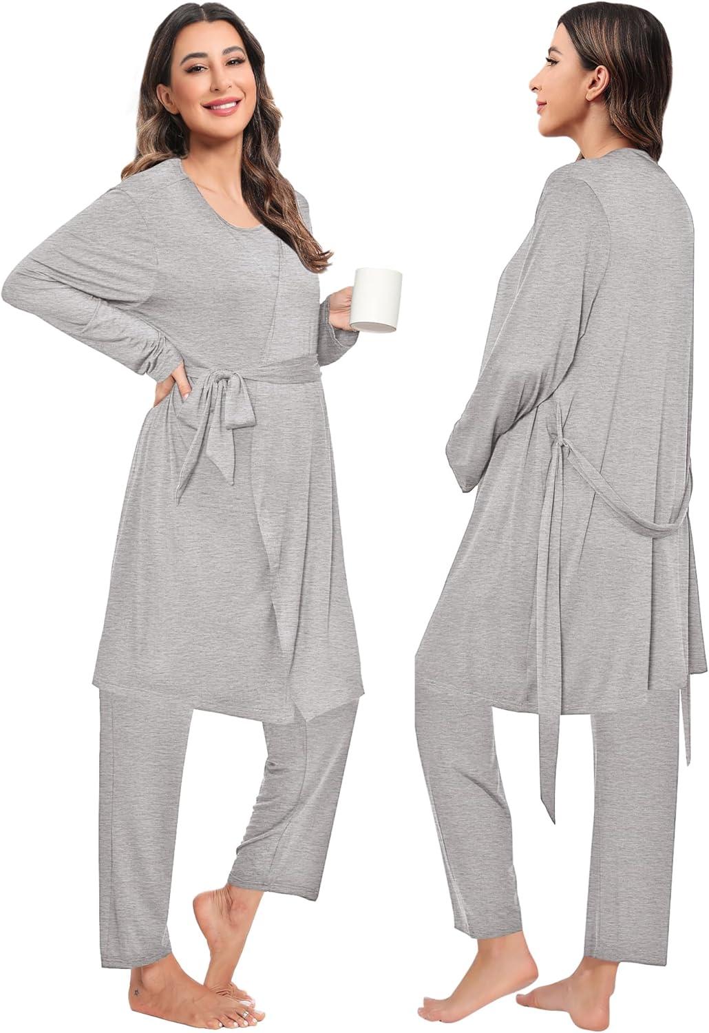 imageSWOMOG Maternity Nursing Robe Set 3 PCS Women Postpartum Pajamas Breastfeeding Labor Delivery Hospital Pregnancy PjsLight Grey