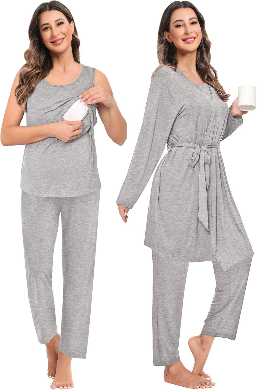 imageSWOMOG Maternity Nursing Robe Set 3 PCS Women Postpartum Pajamas Breastfeeding Labor Delivery Hospital Pregnancy PjsLight Grey