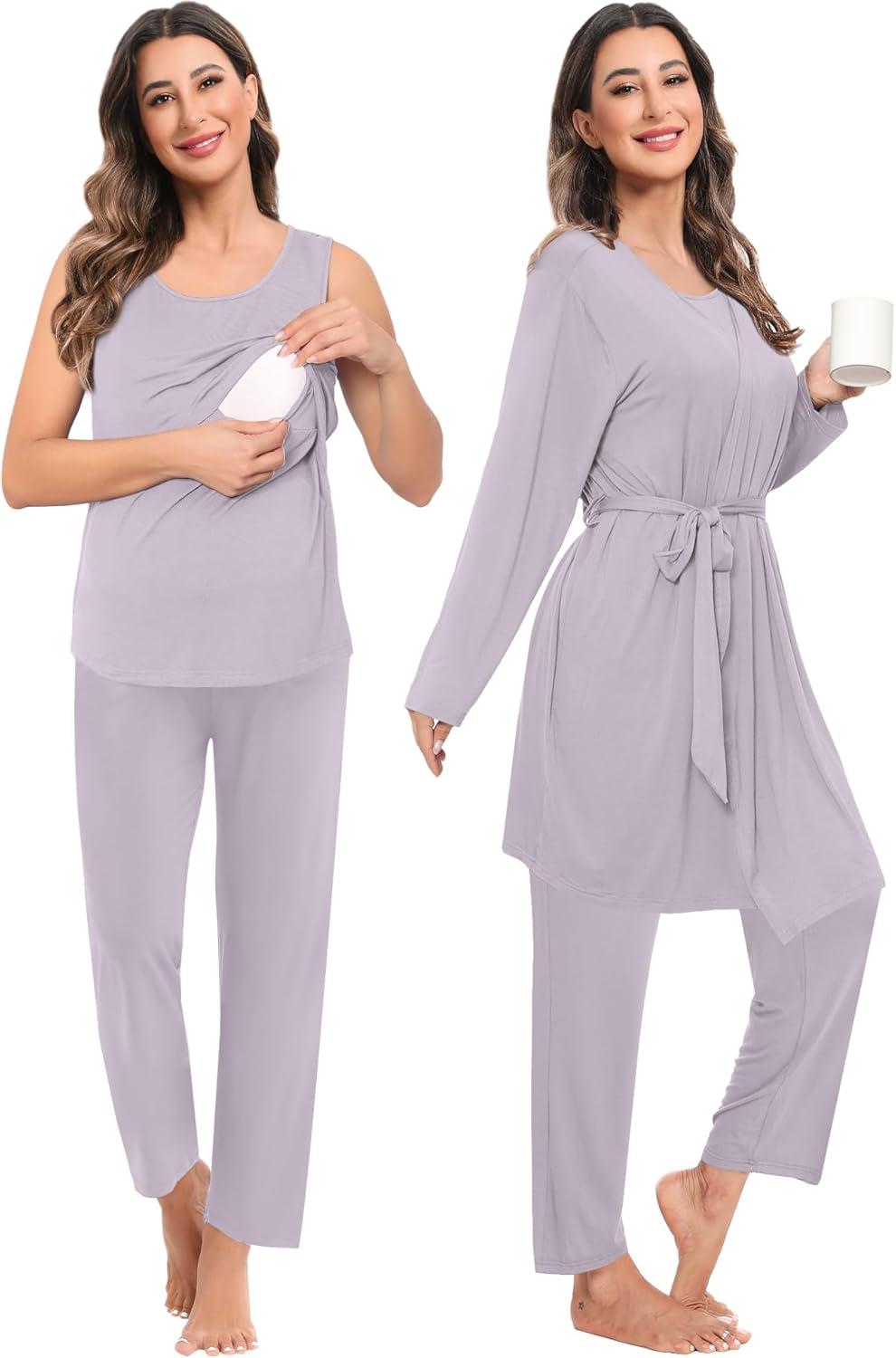 imageSWOMOG Maternity Nursing Robe Set 3 PCS Women Postpartum Pajamas Breastfeeding Labor Delivery Hospital Pregnancy PjsLilac Purple