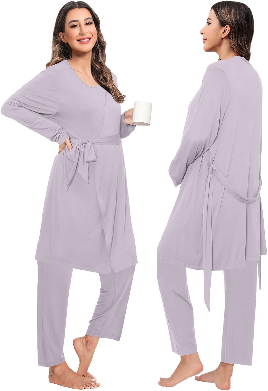 imageSWOMOG Maternity Nursing Robe Set 3 PCS Women Postpartum Pajamas Breastfeeding Labor Delivery Hospital Pregnancy PjsLilac Purple