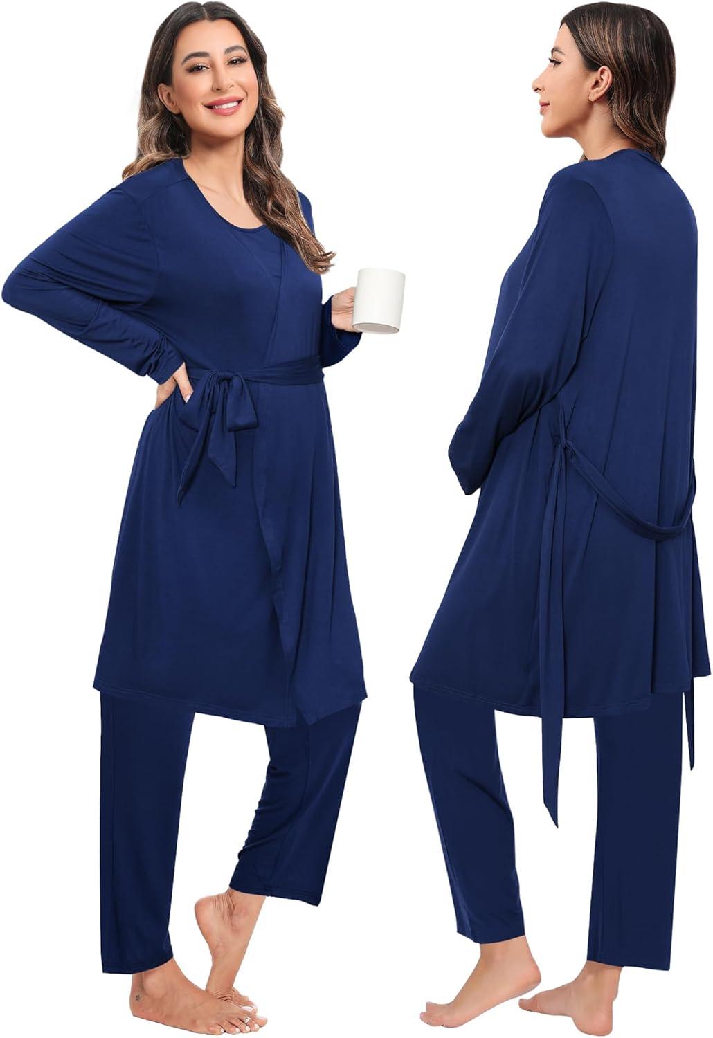 imageSWOMOG Maternity Nursing Robe Set 3 PCS Women Postpartum Pajamas Breastfeeding Labor Delivery Hospital Pregnancy PjsNavy Blue