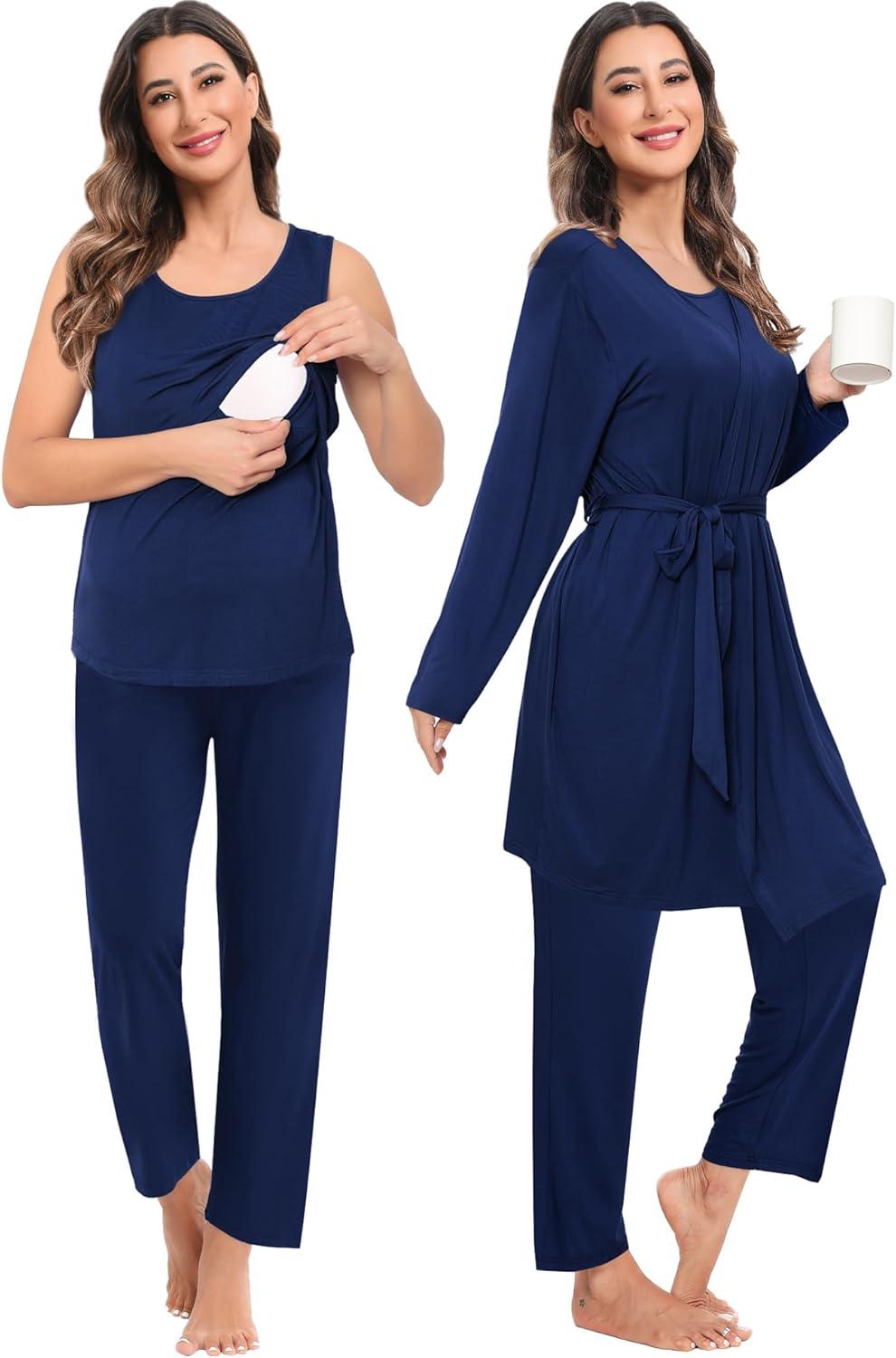 imageSWOMOG Maternity Nursing Robe Set 3 PCS Women Postpartum Pajamas Breastfeeding Labor Delivery Hospital Pregnancy PjsNavy Blue