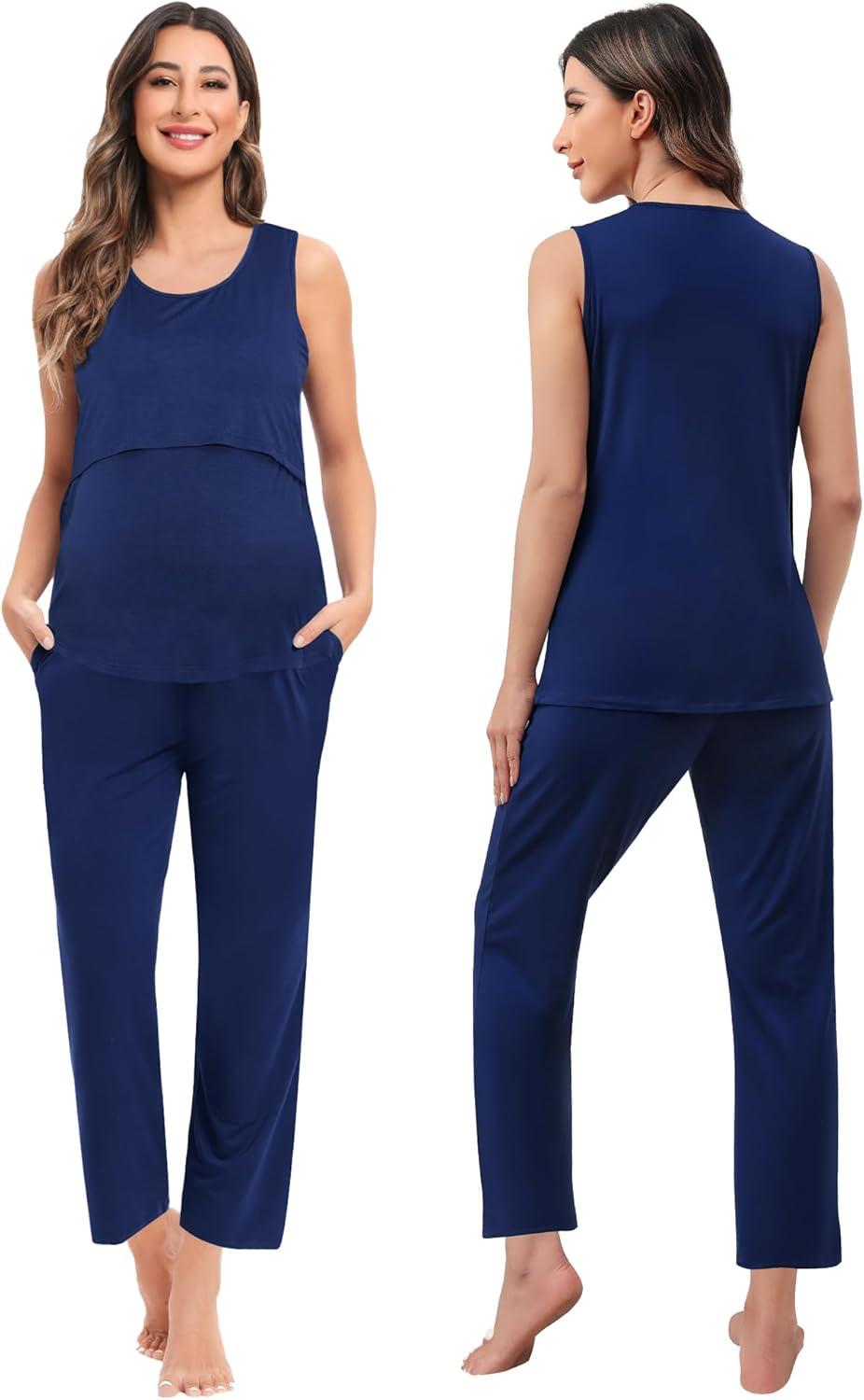 imageSWOMOG Maternity Nursing Robe Set 3 PCS Women Postpartum Pajamas Breastfeeding Labor Delivery Hospital Pregnancy PjsNavy Blue