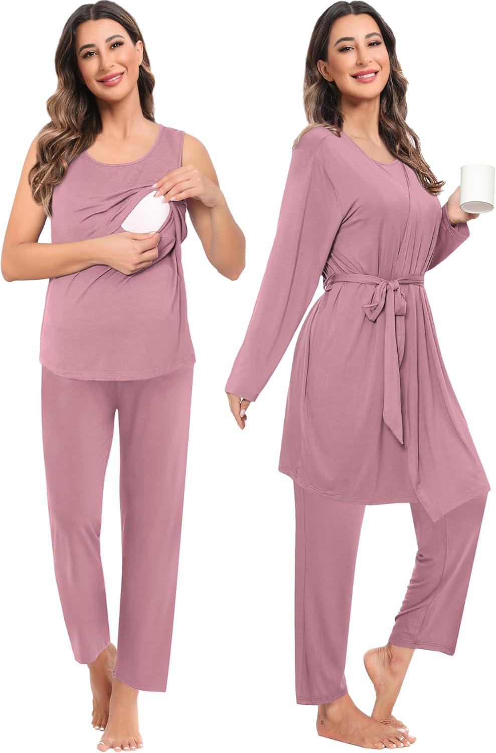 imageSWOMOG Maternity Nursing Robe Set 3 PCS Women Postpartum Pajamas Breastfeeding Labor Delivery Hospital Pregnancy PjsTaro Purple