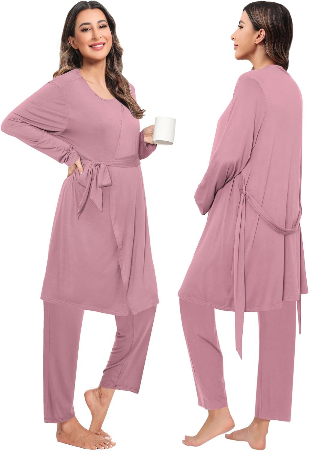 imageSWOMOG Maternity Nursing Robe Set 3 PCS Women Postpartum Pajamas Breastfeeding Labor Delivery Hospital Pregnancy PjsTaro Purple